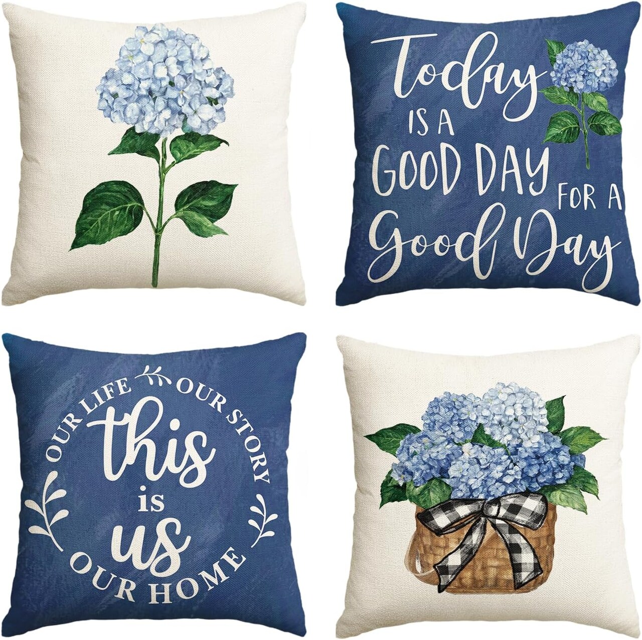 Blue Hydrangea Spring Summer Throw Pillow Covers, 18 x 18 Inch Today is A Good Day Dark Blue Cushion Case Decoration for Sofa Couch Set of 4